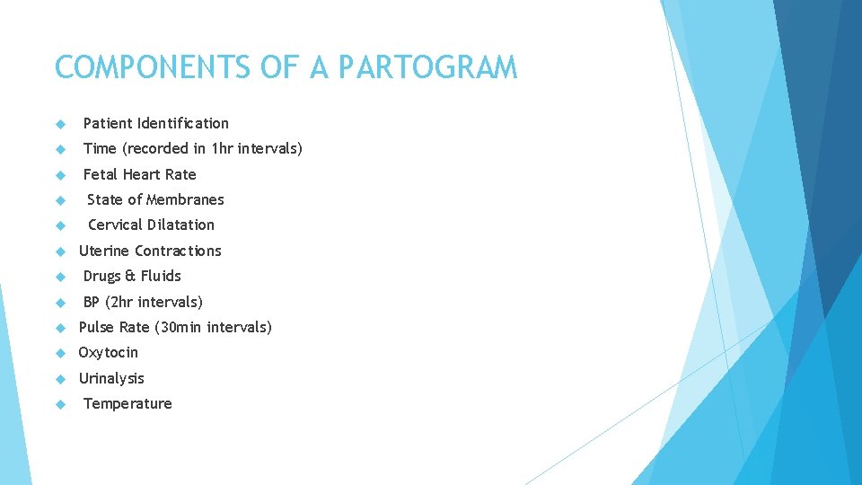 COMPONENTS OF A PARTOGRAM Patient Identification Time (recorded in 1 hr intervals) Fetal Heart