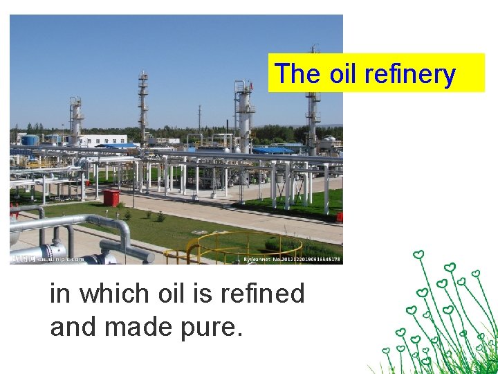 The oil refinery in which oil is refined and made pure. 