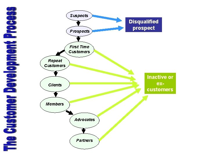 Suspects Prospects Disqualified prospect First Time Customers Repeat Customers Inactive or excustomers Clients Members