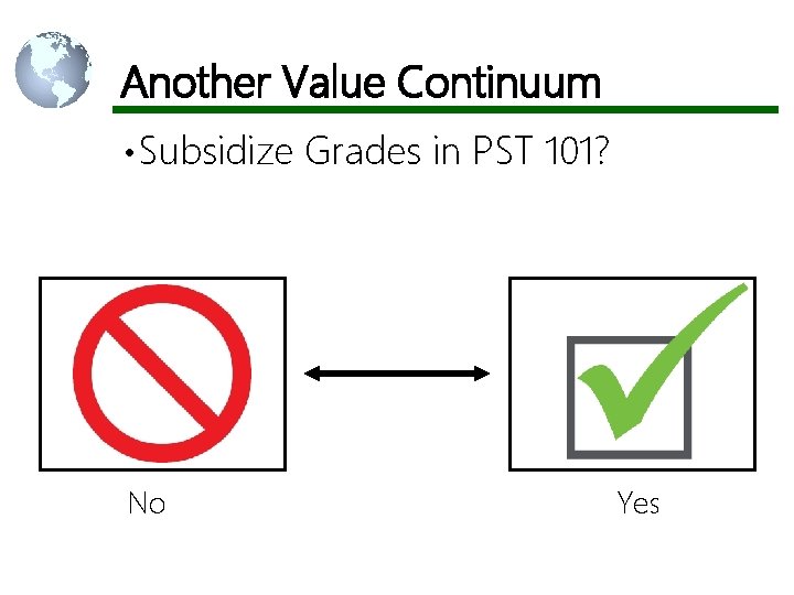 Another Value Continuum • Subsidize No Grades in PST 101? Yes 