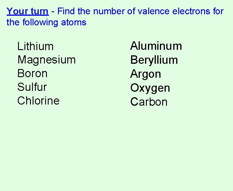 Your turn - Find the number of valence electrons for the following atoms Lithium