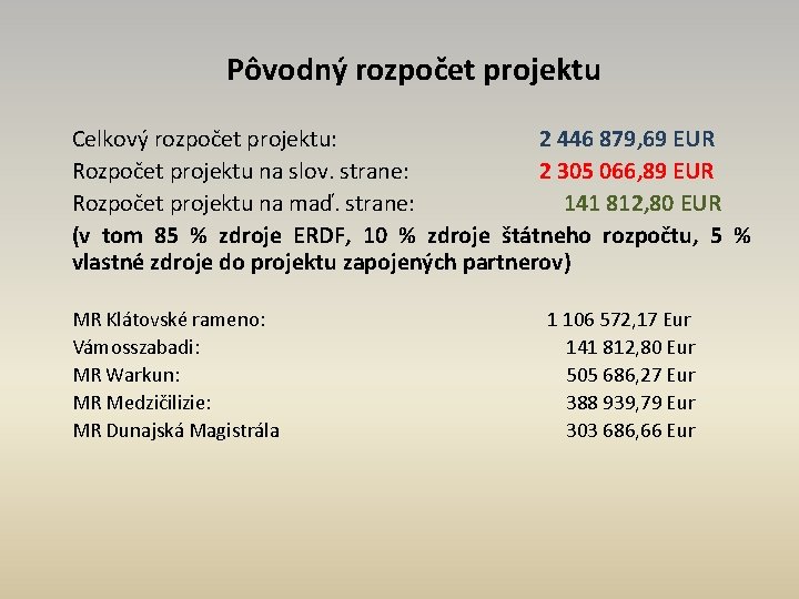 Pôvodný rozpočet projektu Celkový rozpočet projektu: 2 446 879, 69 EUR Rozpočet projektu na