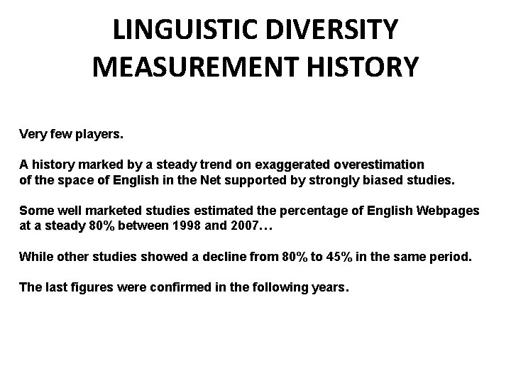 LINGUISTIC DIVERSITY MEASUREMENT HISTORY Very few players. A history marked by a steady trend