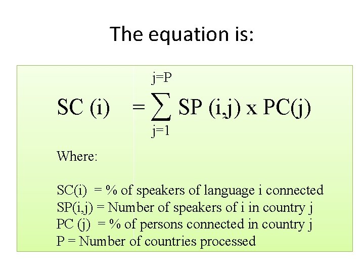 The equation is: j=P SC (i) = ∑ SP (i, j) x PC(j) j=1