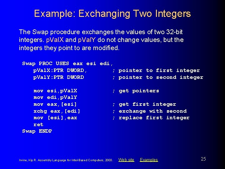 Example: Exchanging Two Integers The Swap procedure exchanges the values of two 32 -bit