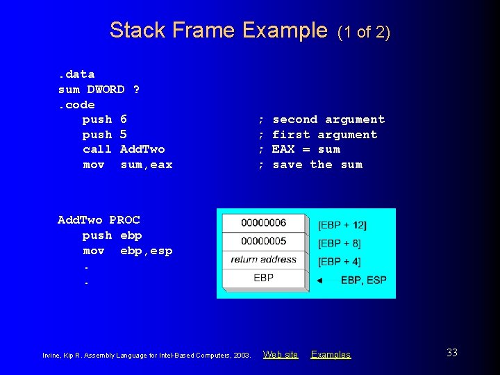 Stack Frame Example. data sum DWORD ? . code push 6 push 5 call