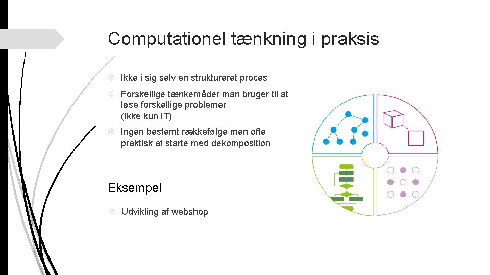 Computationel tænkning i praksis Ikke i sig selv en struktureret proces Forskellige tænkemåder man