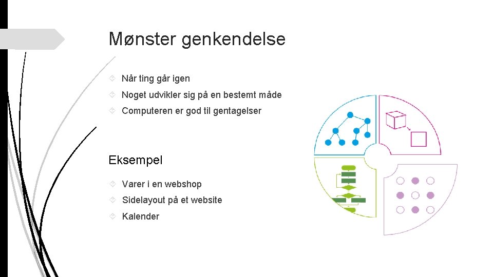 Mønster genkendelse Når ting går igen Noget udvikler sig på en bestemt måde Computeren