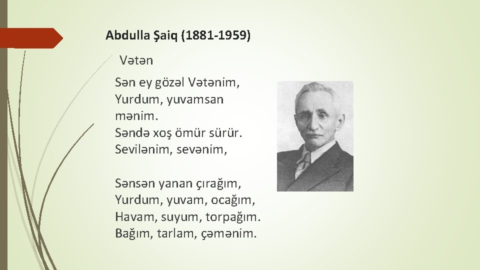 Abdulla Şaiq (1881 -1959) Vətən Sən ey gözəl Vətənim, Yurdum, yuvamsan mənim. Səndə xoş