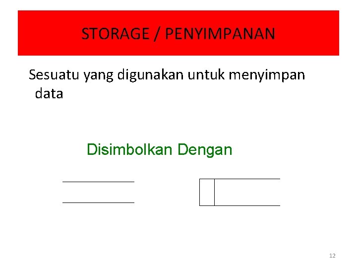 STORAGE / PENYIMPANAN Sesuatu yang digunakan untuk menyimpan data Disimbolkan Dengan 12 STORAGE / PENYIMPANAN Sesuatu yang digunakan untuk menyimpan data Disimbolkan Dengan 12