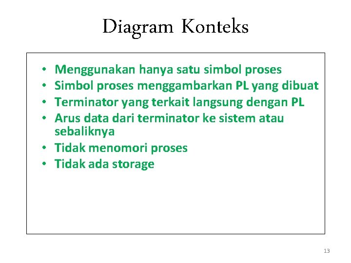 Diagram Konteks Menggunakan hanya satu simbol proses Simbol proses menggambarkan PL yang dibuat Terminator Diagram Konteks Menggunakan hanya satu simbol proses Simbol proses menggambarkan PL yang dibuat Terminator