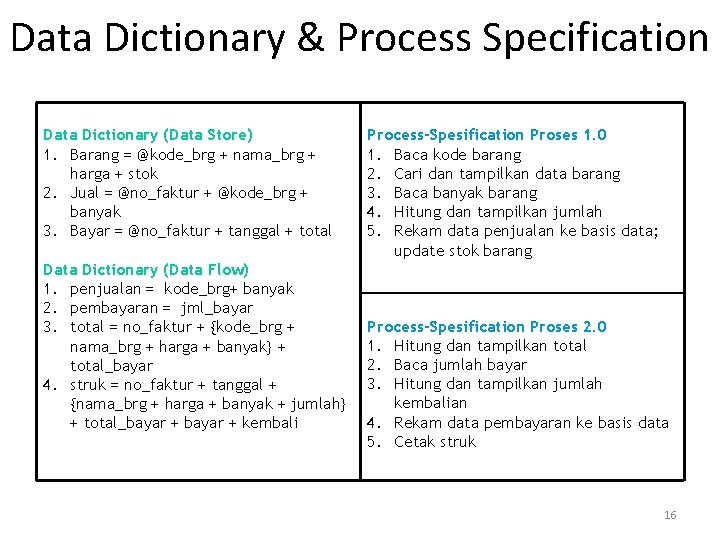 Data Dictionary & Process Specification Data Dictionary (Data Store) 1. Barang = @kode_brg + Data Dictionary & Process Specification Data Dictionary (Data Store) 1. Barang = @kode_brg +