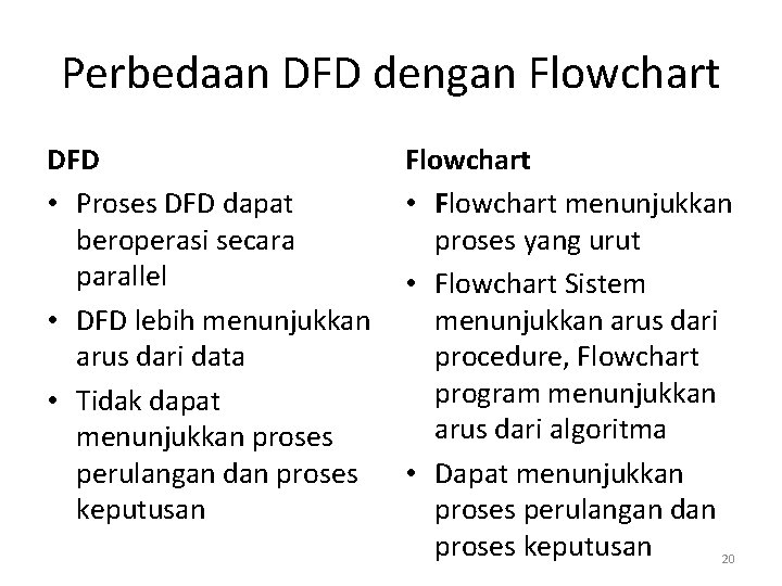 Perbedaan DFD dengan Flowchart DFD • Proses DFD dapat beroperasi secara parallel • DFD Perbedaan DFD dengan Flowchart DFD • Proses DFD dapat beroperasi secara parallel • DFD