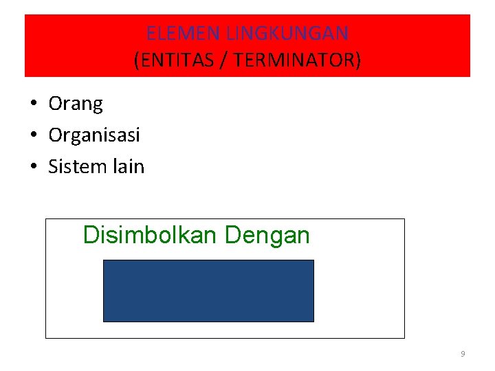 ELEMEN LINGKUNGAN (ENTITAS / TERMINATOR) • Orang • Organisasi • Sistem lain Disimbolkan Dengan ELEMEN LINGKUNGAN (ENTITAS / TERMINATOR) • Orang • Organisasi • Sistem lain Disimbolkan Dengan