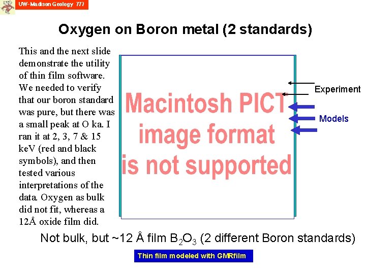 Oxygen on Boron metal (2 standards) This and the next slide demonstrate the utility