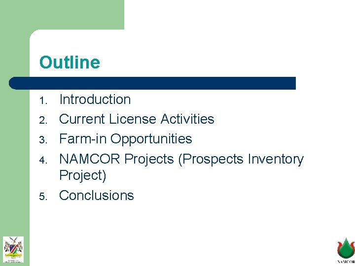 Outline 1. 2. 3. 4. 5. Introduction Current License Activities Farm-in Opportunities NAMCOR Projects