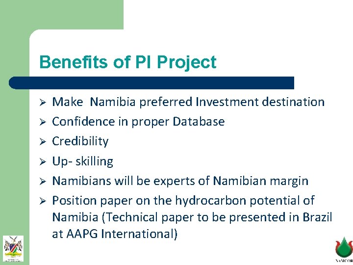 Benefits of PI Project Ø Ø Ø Make Namibia preferred Investment destination Confidence in