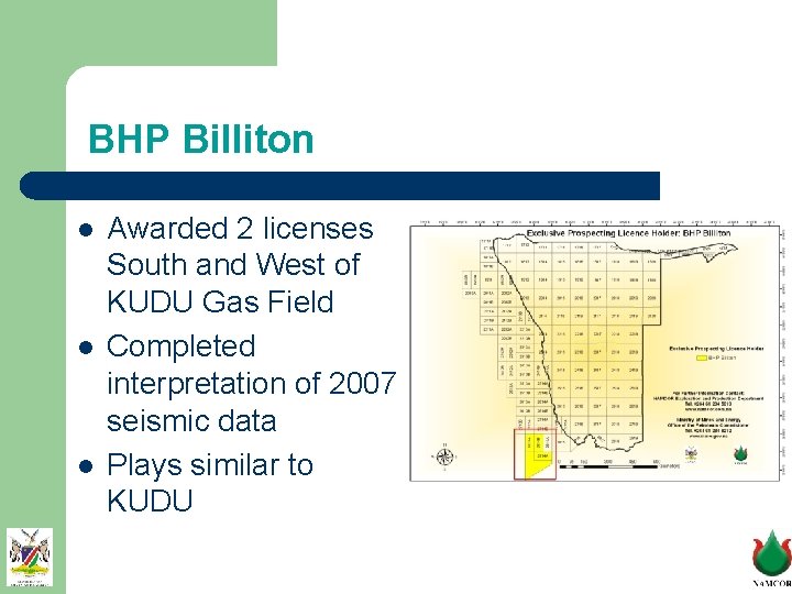 BHP Billiton l l l Awarded 2 licenses South and West of KUDU Gas