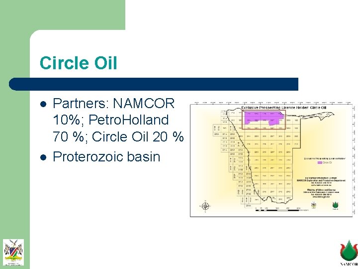 Circle Oil l l Partners: NAMCOR 10%; Petro. Holland 70 %; Circle Oil 20