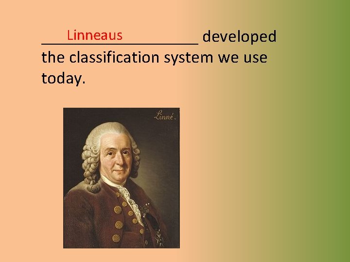 Linneaus _________ developed the classification system we use today. 