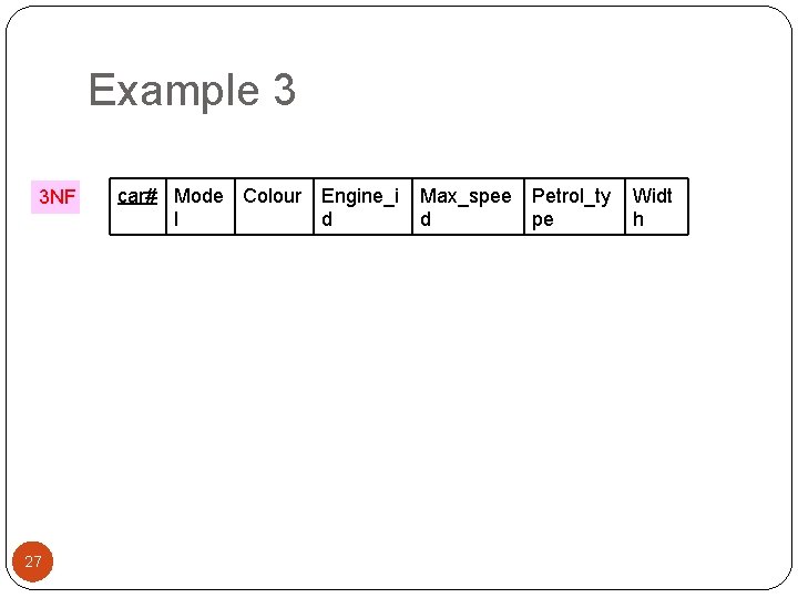 Example 3 3 NF 27 car# Mode Colour l Engine_i d Max_spee Petrol_ty d