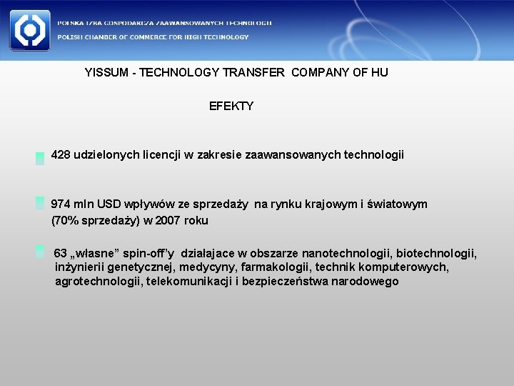  YISSUM - TECHNOLOGY TRANSFER COMPANY OF HU EFEKTY 428 udzielonych licencji w zakresie