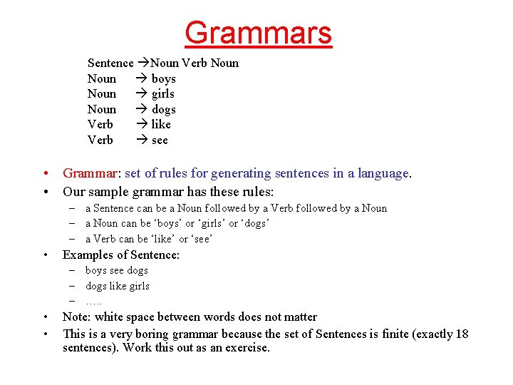 Grammars Sentence Noun Verb Noun boys Noun girls Noun dogs Verb like Verb see