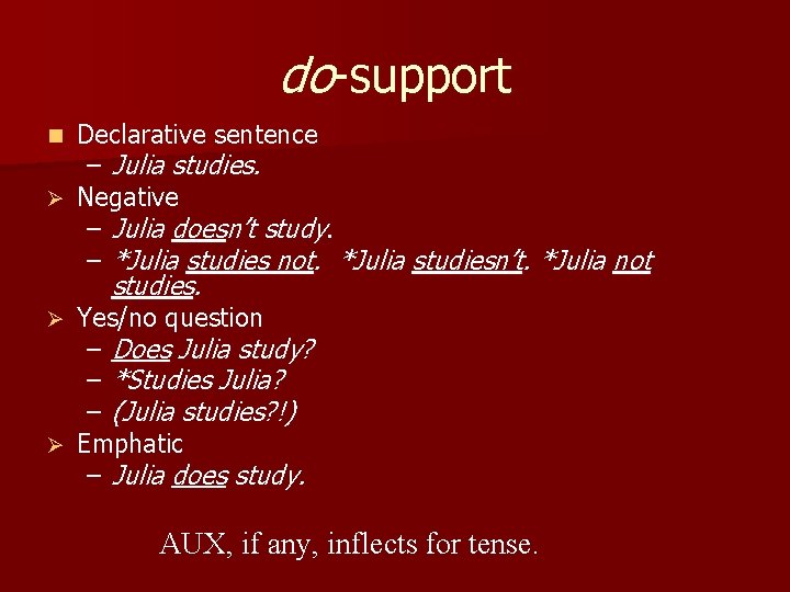 do-support Declarative sentence – Julia studies. Ø Negative – Julia doesn’t study. – *Julia do-support Declarative sentence – Julia studies. Ø Negative – Julia doesn’t study. – *Julia