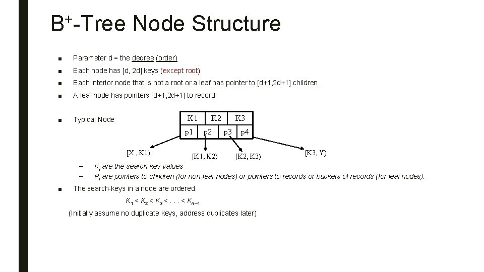 B+-Tree Node Structure ■ Parameter d = the degree (order) ■ Each node has