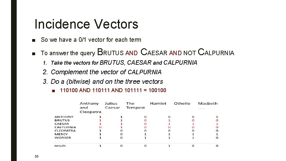 Incidence Vectors ■ So we have a 0/1 vector for each term ■ To