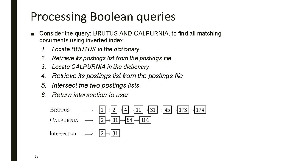 Processing Boolean queries ■ Consider the query: BRUTUS AND CALPURNIA, to find all matching