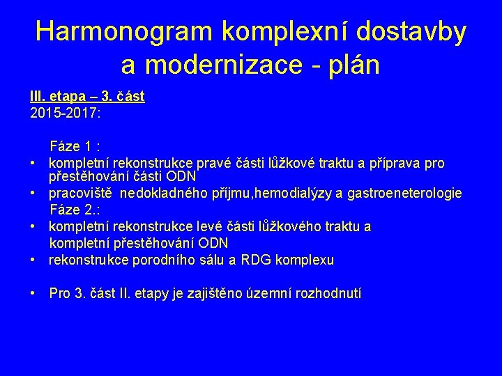 Harmonogram komplexní dostavby a modernizace - plán III. etapa – 3. část 2015 -2017: