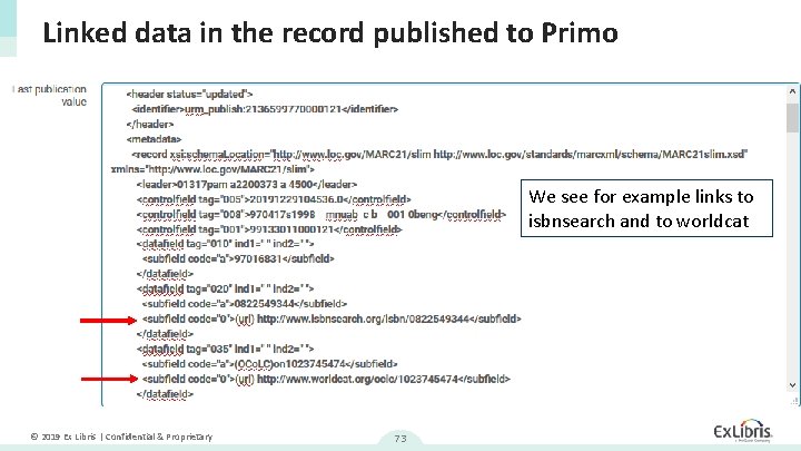 Linked data in the record published to Primo We see for example links to