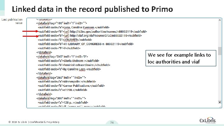 Linked data in the record published to Primo We see for example links to