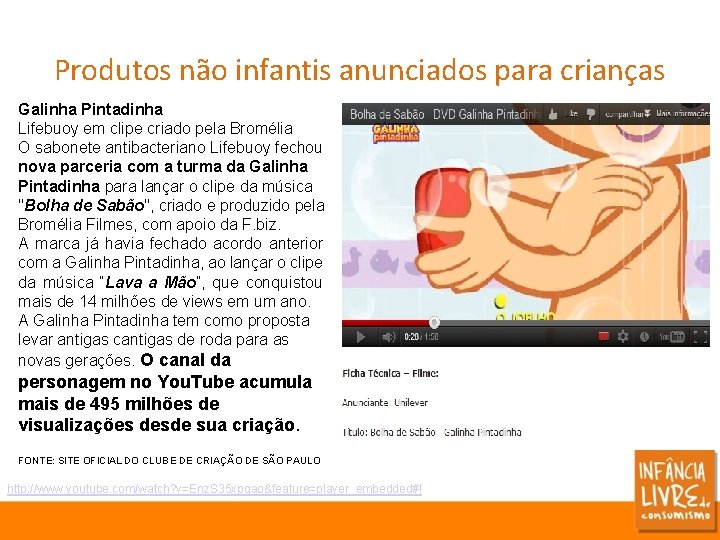 Produtos não infantis anunciados para crianças Galinha Pintadinha Lifebuoy em clipe criado pela Bromélia