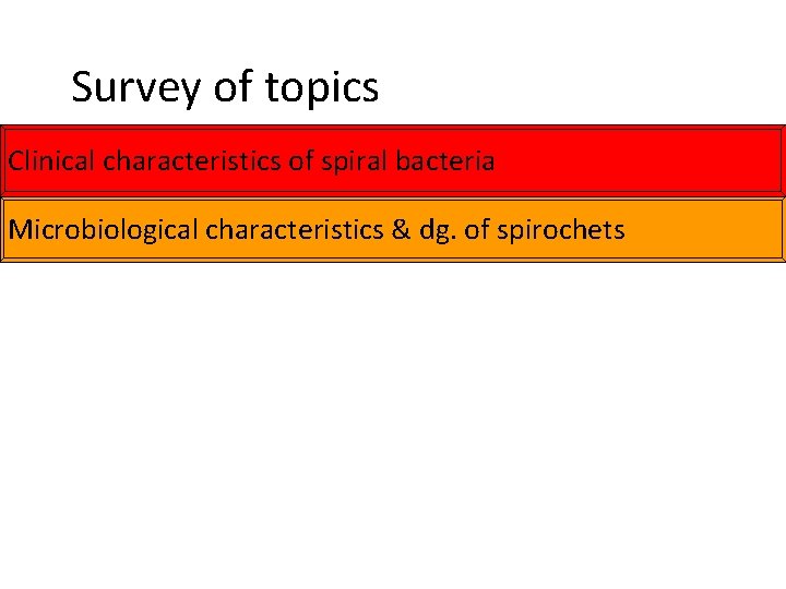 Survey of topics Clinical characteristics of spiral bacteria Microbiological characteristics & dg. of spirochets