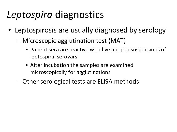 Leptospira diagnostics • Leptospirosis are usually diagnosed by serology – Microscopic agglutination test (MAT)
