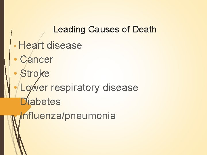 Leading Causes of Death • Heart disease • Cancer • Stroke • Lower respiratory Leading Causes of Death • Heart disease • Cancer • Stroke • Lower respiratory