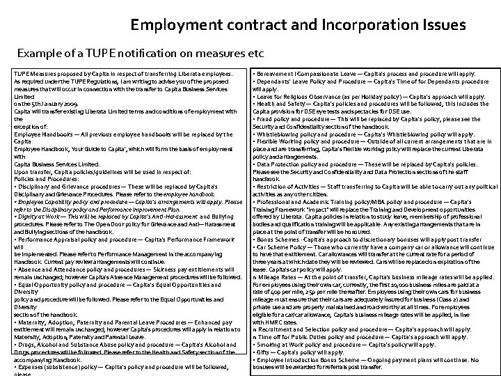 Employment contract and Incorporation Issues Example of a TUPE notification on measures etc TUPE