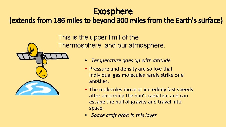 Exosphere (extends from 186 miles to beyond 300 miles from the Earth’s surface) This