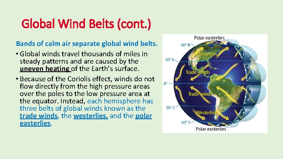 Global Wind Belts (cont. ) Bands of calm air separate global wind belts. •