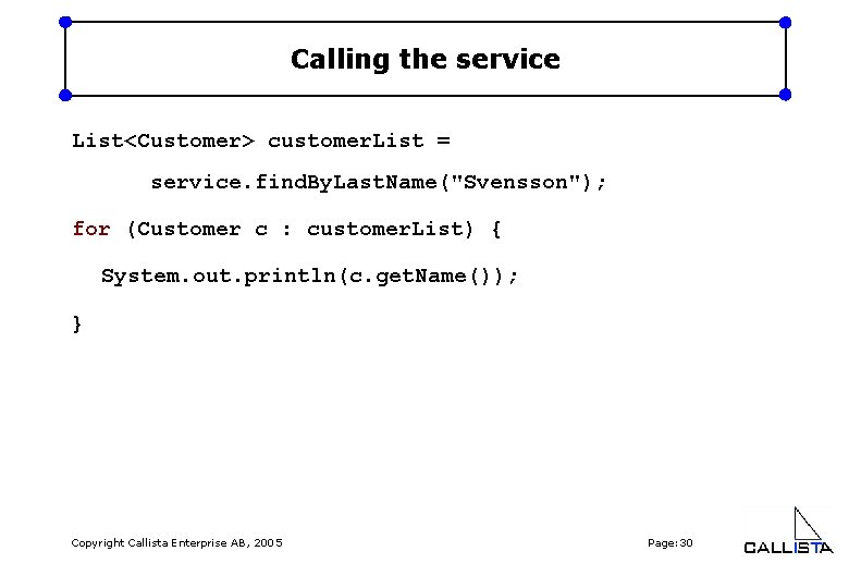 Calling the service List<Customer> customer. List = service. find. By. Last. Name("Svensson"); for (Customer