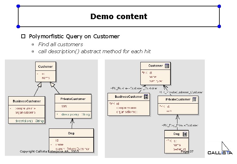 Demo content o Polymorfistic Query on Customer ù Find all customers ù call description()