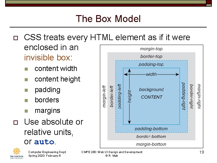 The Box Model o CSS treats every HTML element as if it were enclosed