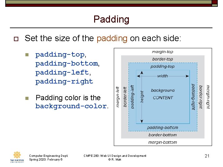 Padding o Set the size of the padding on each side: n padding-top, padding-bottom,