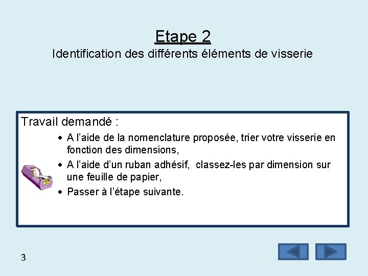 Etape 2 Identification des différents éléments de visserie Travail demandé : A l’aide de