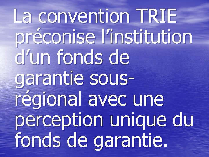 La convention TRIE préconise l’institution d’un fonds de garantie sousrégional avec une perception unique
