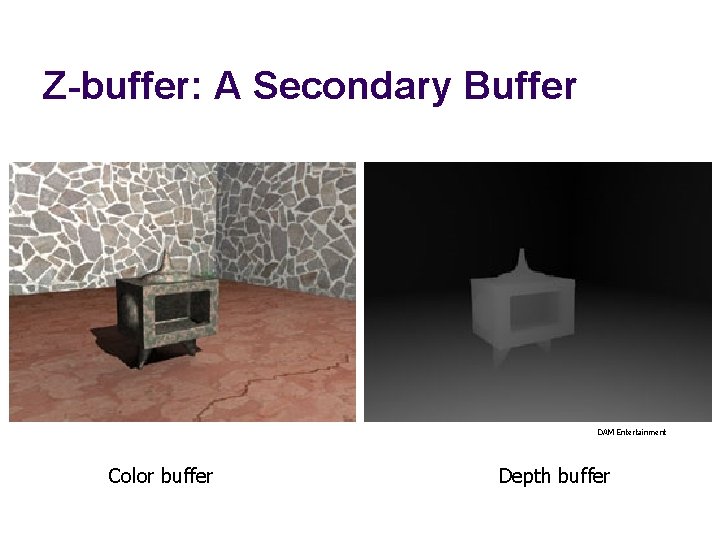 Z-buffer: A Secondary Buffer DAM Entertainment Color buffer Depth buffer 