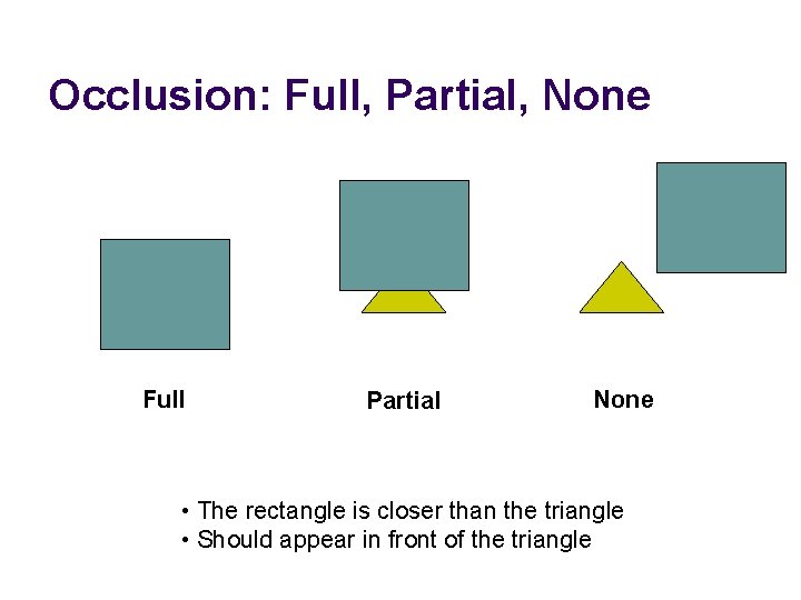 Occlusion: Full, Partial, None Full Partial None • The rectangle is closer than the