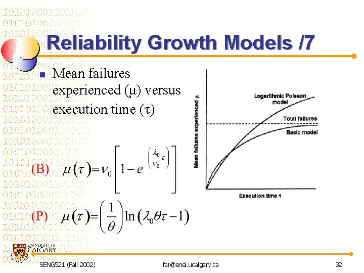 Reliability Growth Models /7 n Mean failures experienced (μ) versus execution time (τ) SENG